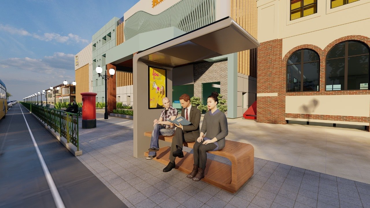 AI Smart Solar Bench installed outside a retail frontage, three people seated under the solar canopy