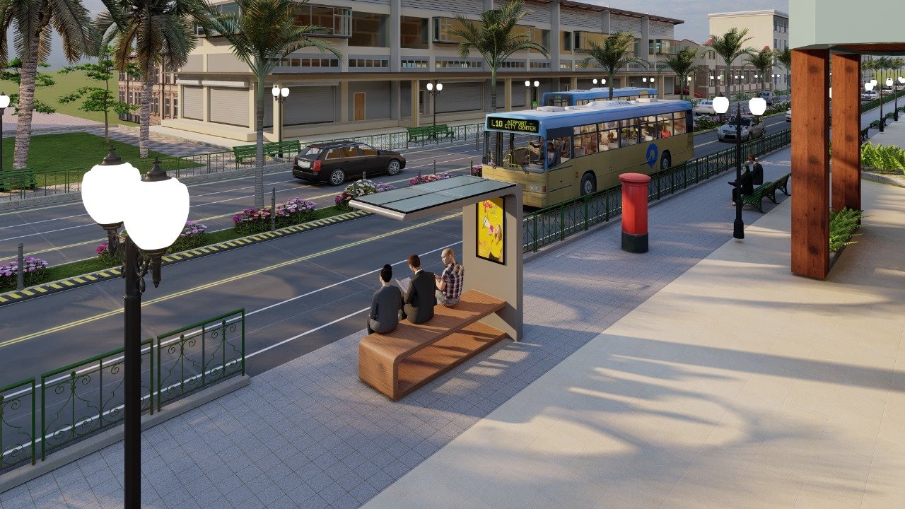 AI Smart Solar Bench installed along a bus transit corridor, with a city bus approaching and people seated underneath the solar canopy
