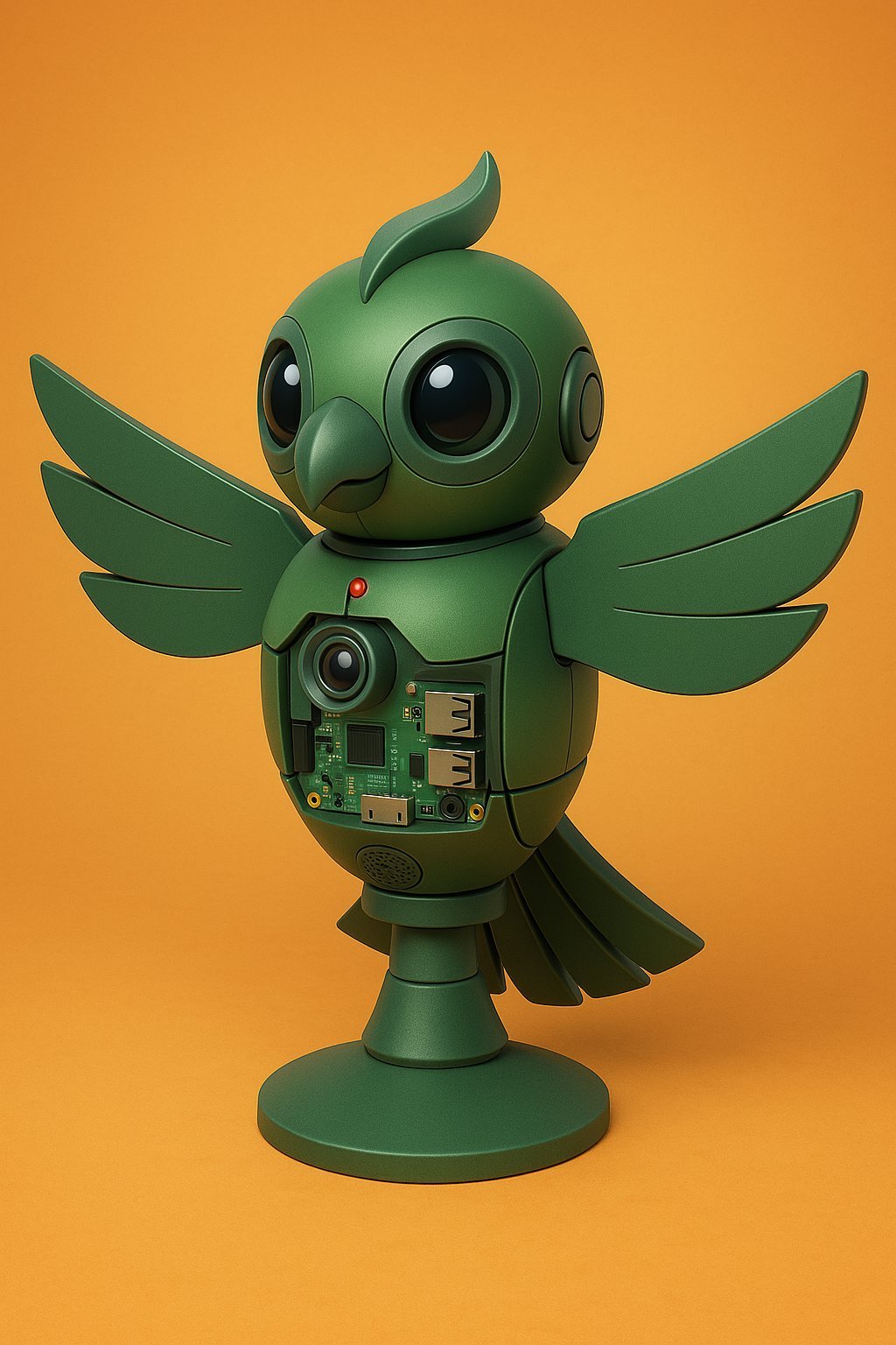 AI Smart Robotic Totem concept render: an owl-shaped sensing column with an integrated camera lens, circuit board, and dual USB ports visible in its open chest panel, mounted on a pedestal base