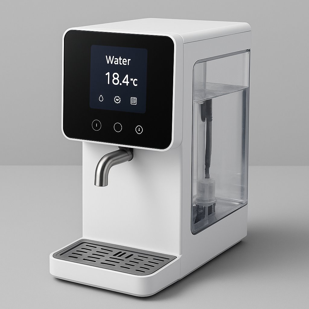 Compact countertop configuration of the Smart Water Station with a touchscreen display reading water temperature, a stainless steel dispensing spout, and a visible internal filtration cartridge